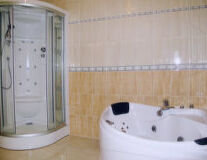 sink, indoor, plumbing fixture, bathtub, shower, tap, bathroom accessory, toilet, mirror